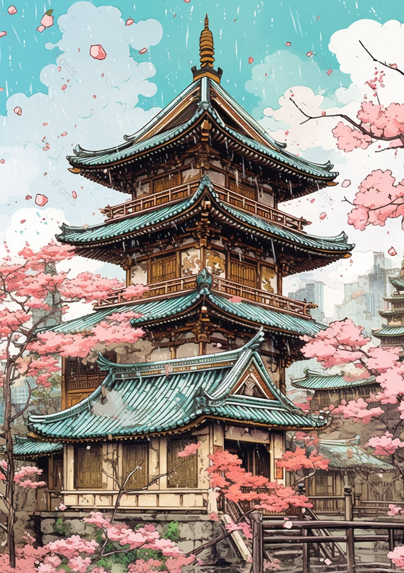 蓝天白云古建筑下的桃花盛开古风插画背景,插画/手绘图,插画/手绘图库,插画/手绘图下载,插画/手绘